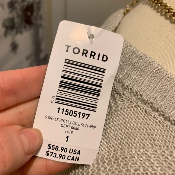 Grey Bell Sleeve Pointelle Cardigan NWT - Picture 6 of 8